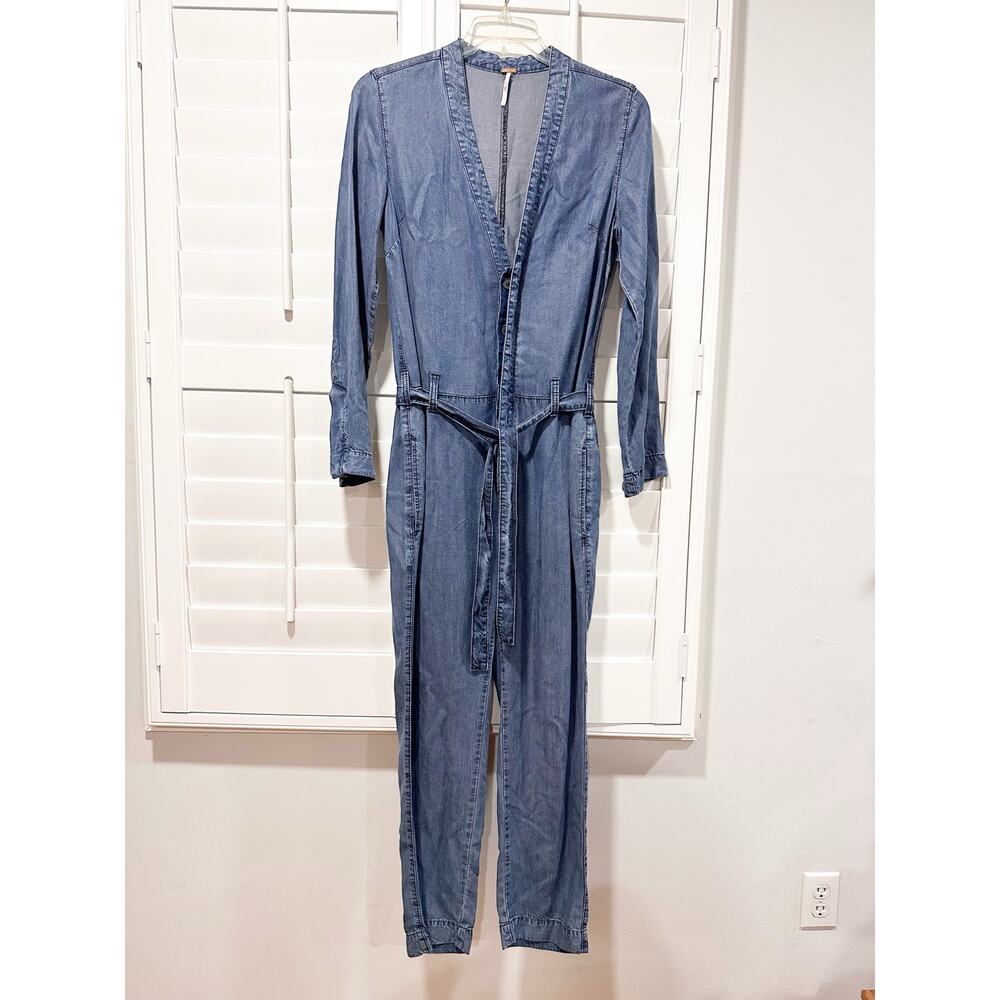 Free People Denim Chambray Jumpsuit Romper Long Sleeve Belted Utility Coverall